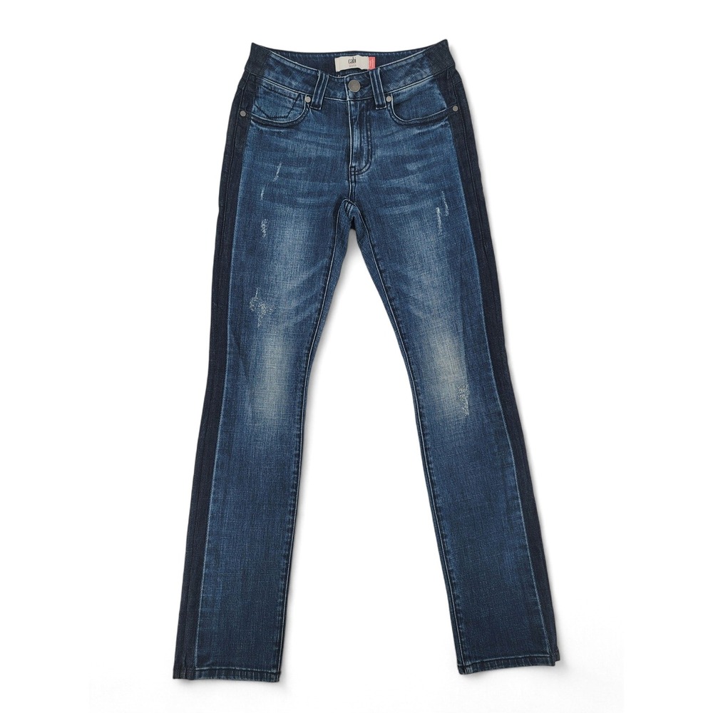 Cabi High Straight Leg Jeans Women's Size 0 Medium Wash Distressed EUC Denim